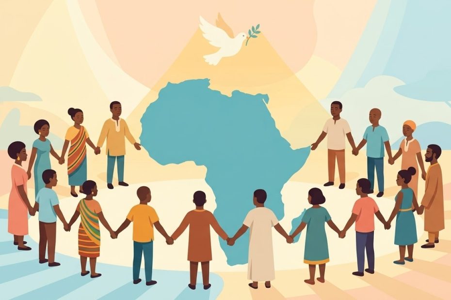 Pour l’Unité Africaine - la silhouette du continent africain entourée de mains jointes en prière et surmontée d'une colombe